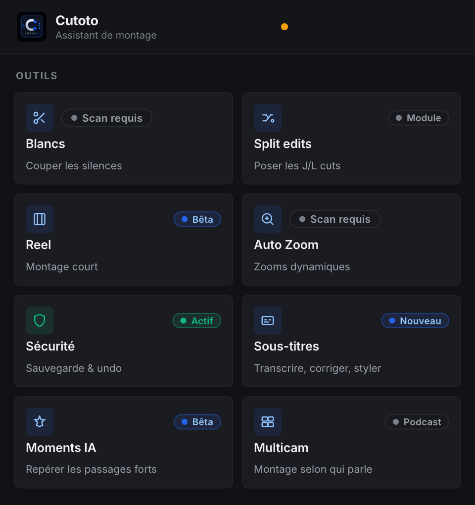 Le panneau Cutoto dans Premiere Pro : la grille des outils Blancs, Split edits, Reel, Auto Zoom, Sécurité, Sous-titres, Moments IA et Multicam.